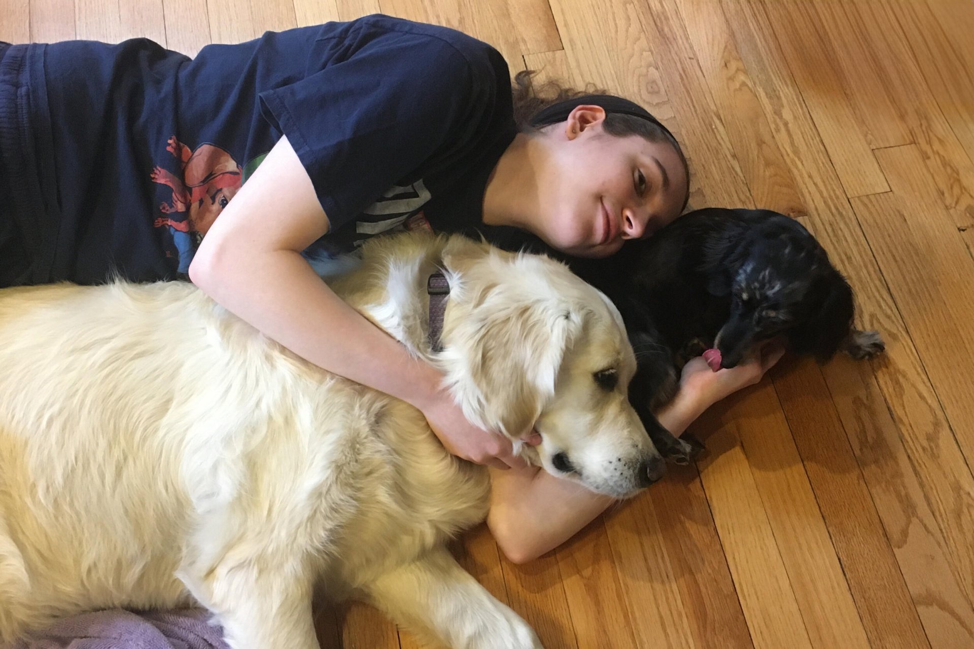 Student cuddling with two dogs on wooden floor